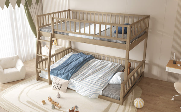 English Elm Full Xl Over Queen Bunk Bed Pine Frame with Guardrails Ladder and Slat Support Walnut GX000450AAD