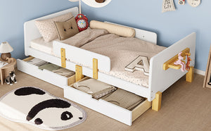 English Elm Twin Low Profile Kids Floor Bed Pine Wood Frame with Safety Rail and Built in Bookshelf Light White W1580P373241