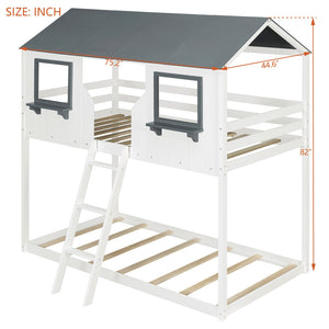 English Elm Twin Over Playhouse Bunk Bed Solid Pine Frame with Roof Windows Guardrail LT100045AAK-1