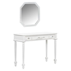 English Elm Retro Octagonal Mirror Vanity Desk with Velvet Jewelry Tray, 3 Carved Drawers, Elegant White Console Table (43.6") N844P292482A