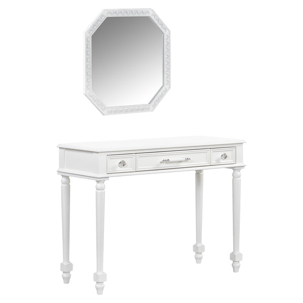 English Elm Retro Octagonal Mirror Vanity Desk with Velvet Jewelry Tray, 3 Carved Drawers, Elegant White Console Table (43.6") N844P292482A