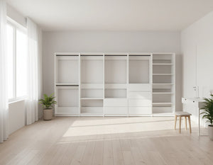 English Elm Prosper White Freestanding Walk-In Wood Closet System with Oak Finish, Durable Melamine Build, Modular Storage Solutions B040S00135