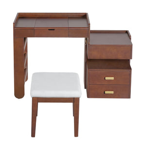 English Elm 3-in-1 Makeup Vanity Desk with Flip Mirror, LED 3-Color Lighting, Expandable Length & Ample Storage Drawers Walnut N844P285298W