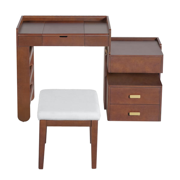 English Elm 3-in-1 Makeup Vanity Desk with Flip Mirror, LED 3-Color Lighting, Expandable Length & Ample Storage Drawers Walnut N844P285298W