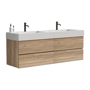 English Elm Grace 60" Bathroom Vanity Wall-Mounted Floating Mid-Century Modern Walnut Grille, Quiet Soft-Close Drawers and One-Piece White Basin (ECO) Oak W1865S00160