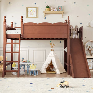 English Elm Twin Loft Bed Solid Pine Frame with Wardrobe Shelving Detachable Slide Kids Room Antique Natural W5305S00020