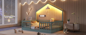 English Elm Twin Montessori Floor Bed House Frame with Led Lighting and Safety Rails for Kids Grey W2593P440606