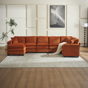 English Elm Modern U Shaped 6-Seat Sectional Sofa with Ottoman and 3 Toss Pillows, Corduroy Modular Comfort and Durable Frame Orange W2363S00043