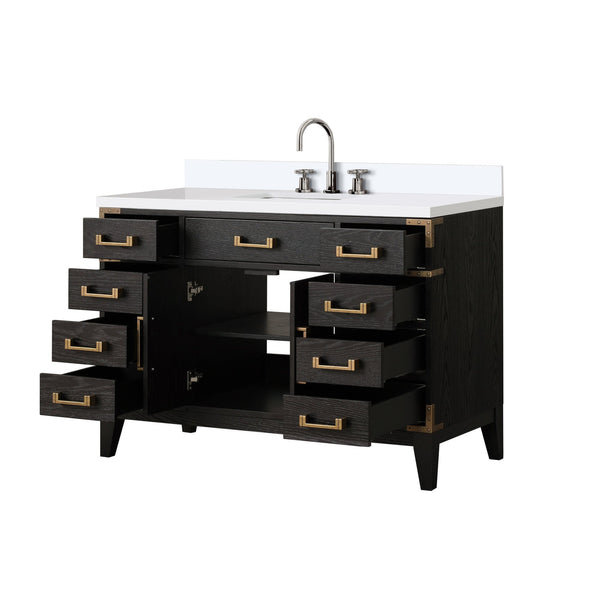 English Elm Black Oak Single Bath Vanity 48" W x 22" D with White Quartz Top, Soft-Close Drawers & Chrome Faucet Set B2731P260932