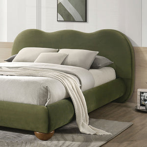 English Elm Brown Boucle Eastern King Bed Camel Back Headboard Round Bun Feet Upholstered Frame Olive Green B2741S00831