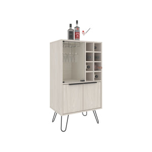 English Elm Bar Cabinet White Washed Oak 43.1" H with Glass Display, 2 Doors, 9 Shelves, Sturdy Legs, FSC B097P250849