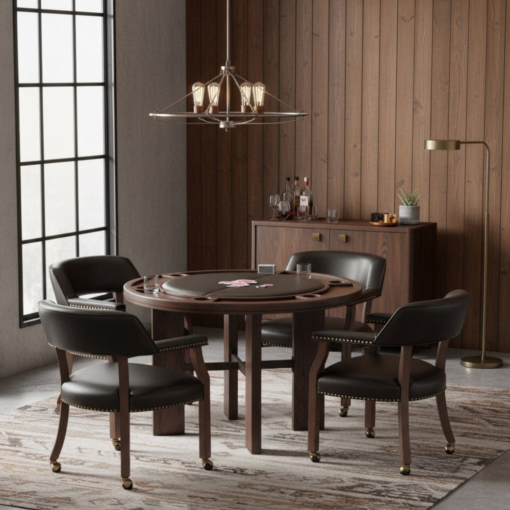 English Elm Gorman Walnut Game Table Set Faux Leather Chairs Nailhead Trim Mid-century Den B050S00039