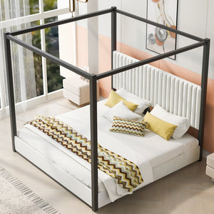 English Elm King Velvet Upholstered Four Poster Canopy Bed White Modern Bedroom Frame N7090002405B