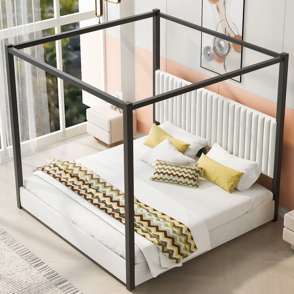 English Elm King Velvet Upholstered Four Poster Canopy Bed White Modern Bedroom Frame N7090002405B