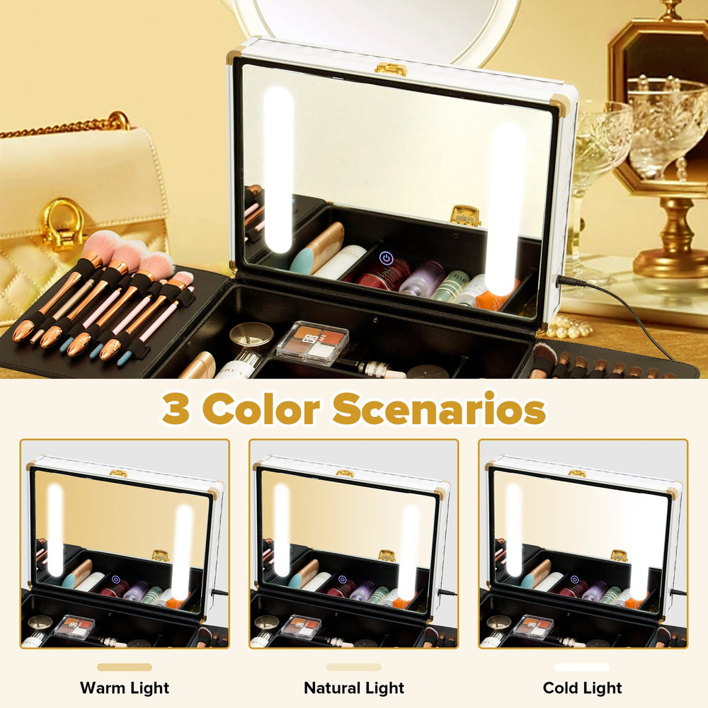 English Elm Portable Led Vanity Makeup Case Aluminum Travel Organizer with Mirror Lock Dividers W1550P163303
