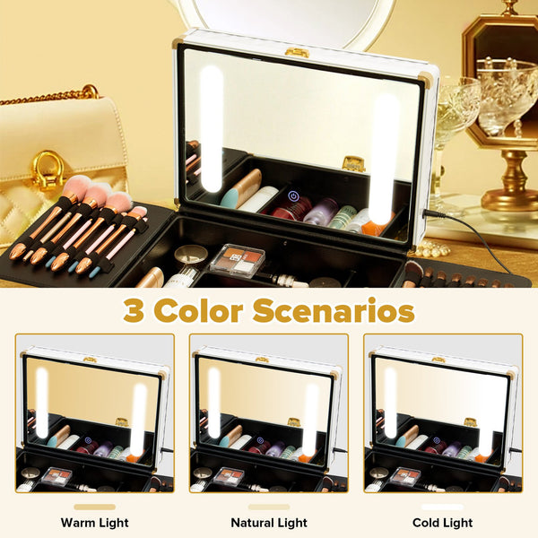 English Elm Portable Led Vanity Makeup Case Aluminum Travel Organizer with Mirror Lock Dividers W1550P163303