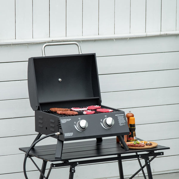 English Elm Outsunny Dual Burner Propane Tabletop Grill Foldable Portable Outdoor Bbq with Lid W2225P174289
