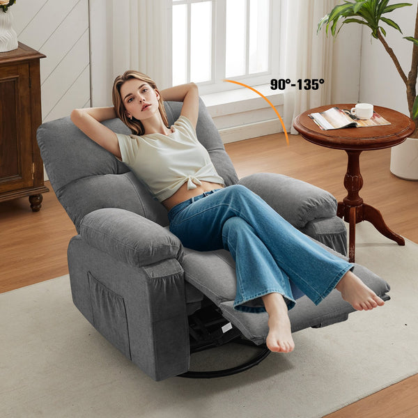 English Elm Recliner Grey 360° Swivel Rocking Lounge Chair with Thick Cushions, Arm Pockets & 330lb Metal Frame W1521P265833