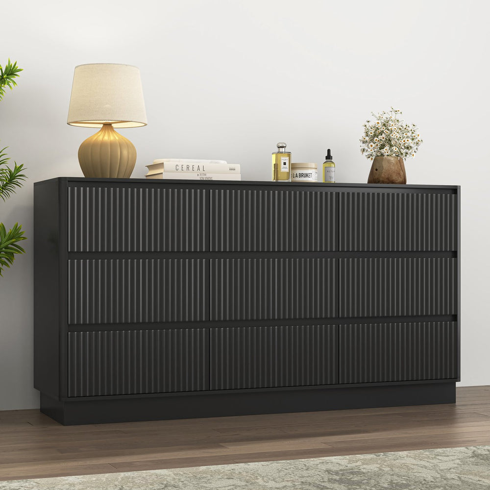 English Elm 9 Drawer Mid Century Wood Dresser Low Profile Matte Finish Bedroom Storage Cabinet Black W409S00011