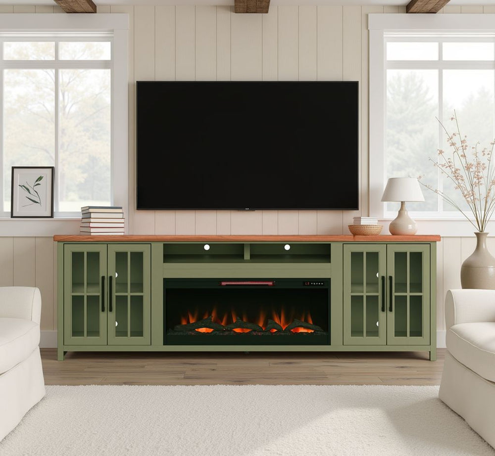 English Elm 97 Inch Fireplace Console for TVs to 100" Sage Green & Fruitwood, Electric Fireplace, Storage Space B108P160247
