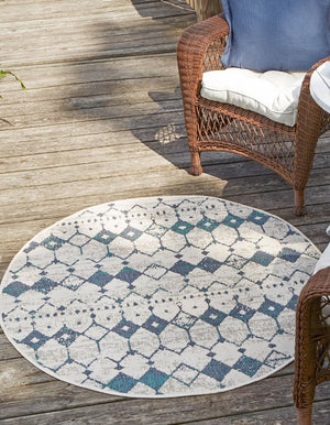 Unique Loom Outdoor Trellis Cardak Machine Made Geometric Rug Ivory and Blue, Navy Blue/Gray/Green 7' 1" x 7' 1"