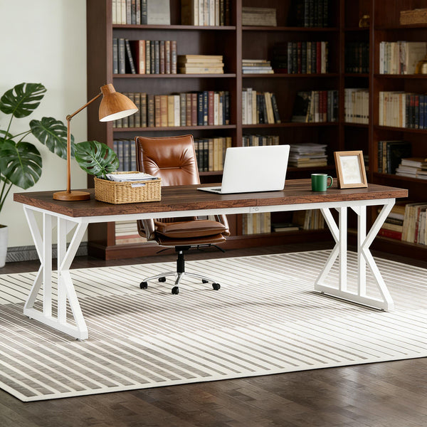 English Elm Computer Desk Two Person Wood Grain Workstation with Drawers for Shared Home Office T3971P450878