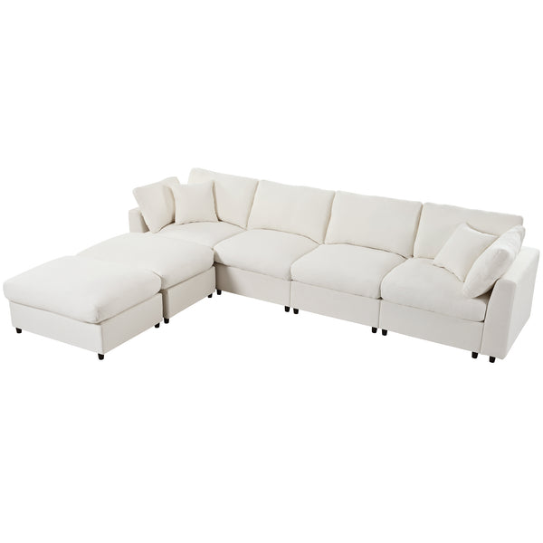 English Elm U_style Six Seat Chenille U Shaped Sectional Modular Sofa with Movable Ottomans Beige WY000474AAA