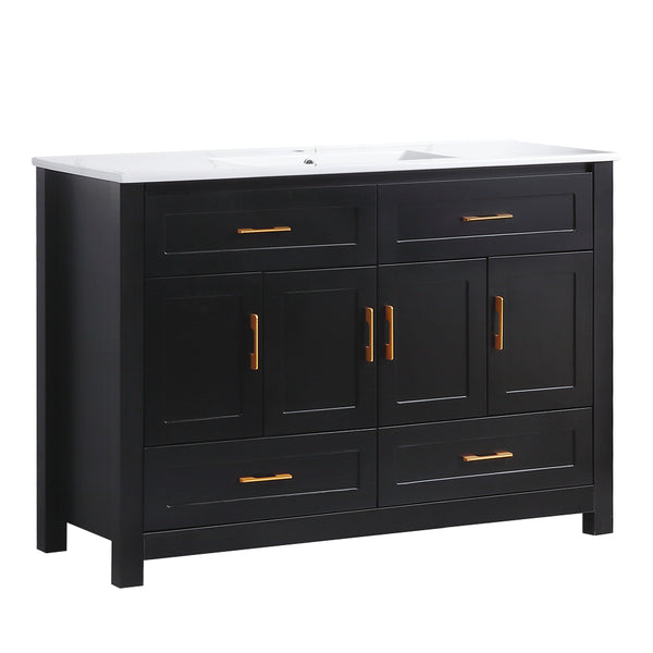 English Elm 48" Matte Black Bathroom Vanity with Ceramic Basin 8 Soft Close Storage Doors Drawers W3133S00004