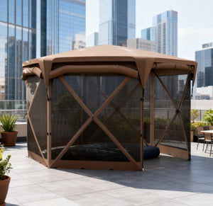 English Elm Adjustable Mesh Screen House Pop up Gazebo with Oxford Roof for Outdoor Gatherings Brown T3971P426892