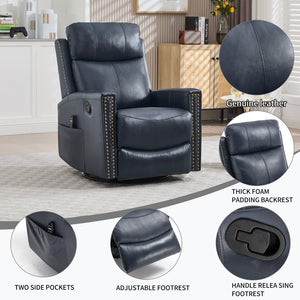 English Elm Blue Genuine Leather Rocker Swivel Recliner with Massage Heat for Living Room W1803P323714