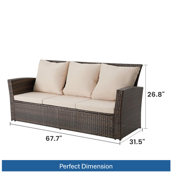 English Elm 67.7" Outdoor Wicker Three Seat Sofa High Back Pe Frame Patio Lounge Furniture Beige B082P455183