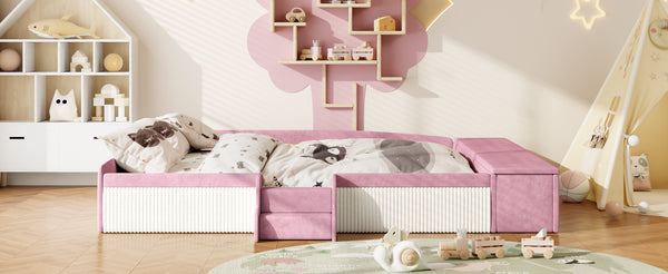 English Elm King Velvet Kids Platform Bed with Padded Guardrails Staircase and Storage Ottoman Pink+White SF000204AAH