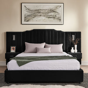 English Elm Queen Velvet Platform Bed with Tufted Headboard Integrated Nightstands and Striped Design Black W487S00441