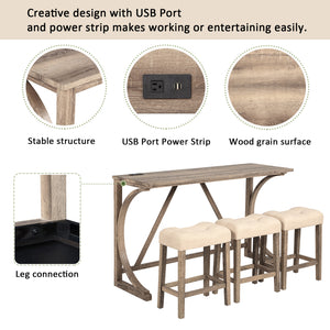 English Elm 4-Piece Bar Table Set With Power Outlet, Padded Stools For Dining, Game Room, Rustic Charm & Comfort W1998P193823