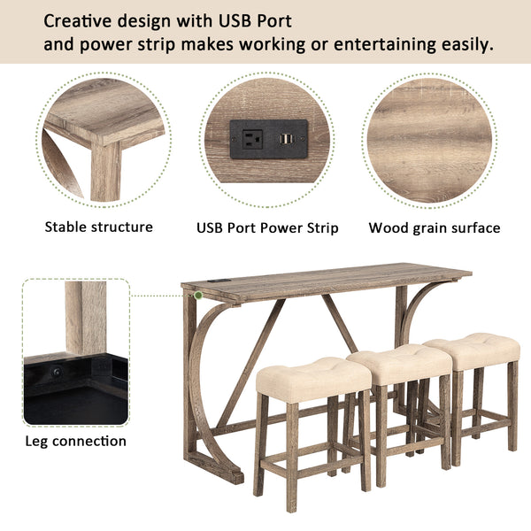English Elm 4-Piece Bar Table Set With Power Outlet, Padded Stools For Dining, Game Room, Rustic Charm & Comfort W1998P193823