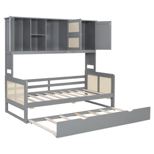 English Elm Twin Size Wooden Daybed With Trundle, Integrated Storage Cabinet & Shelves In Elegant Gray Finish N820S00048E-GIGA