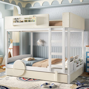 English Elm Full Bunk Bed with Trundle Bookshelf Storage Pine Frame Car Design for Kids Beige+White W1580S00444