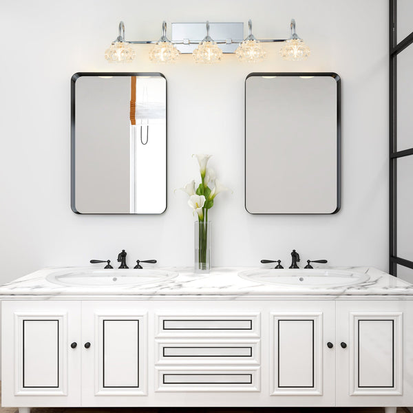 English Elm 29" Nickel Vintage Crystal Vanity Light – 5-Light Wall Mirror Fixture, Nickel Iron & Clear Glass Elegance W1340P206725
