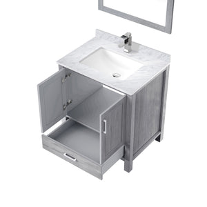 English Elm Distressed Grey Bath Vanity Set With Carrara Marble Top, Chrome Faucet & 28" Mirror For Stylish Storage B2731S01252