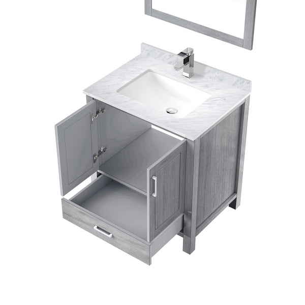 English Elm Distressed Grey Bath Vanity Set With Carrara Marble Top, Chrome Faucet & 28" Mirror For Stylish Storage B2731S01252