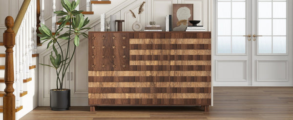 English Elm 55" Solid Walnut Buffet Sideboard Hand Carved Artisan Cabinet with Drawers and Doors W2977S00001