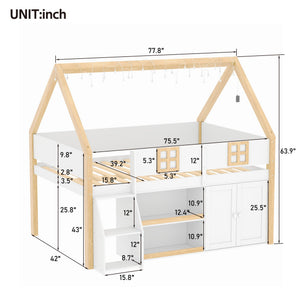 English Elm Twin-size Pine Low Loft Bed with House Canopy Step Stairs Storage Cabinet Led Lights N7090005032K