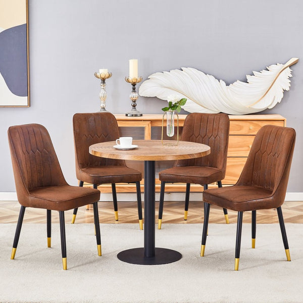 English Elm Table Set: 31.5" Dark Wood Grain Round Dining Table & 4 Brown Tech-Fabric Chairs For Small Spaces W1151S02482-GIGA