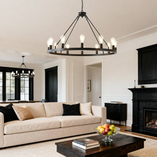 English Elm 39.4 Inch Wagon Wheel Chandelier 12-light Matte Black Farmhouse Pendant for Foyer Dining W5008P389282