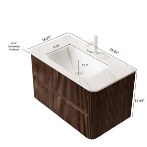 English Elm NOOR 36" Carrara White Sintered Stone Integrated Basin, Hot-Bent Curved Corner Design, Overflow Ready, Basin Only W2615P369886