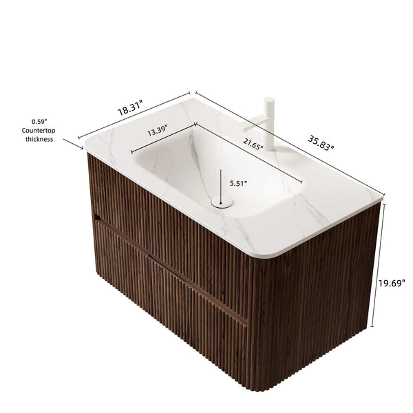 English Elm NOOR 36" Carrara White Sintered Stone Integrated Basin, Hot-Bent Curved Corner Design, Overflow Ready, Basin Only W2615P369886