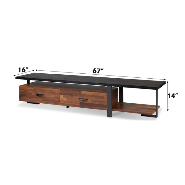 English Elm Elling Walnut & Black TV Stand with Drawers and Open Shelves, Industrial Metal Legs, 55" Ready B2726P256218