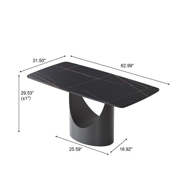 English Elm 63" Modern Dining Table With Curved Black Stone Top & Sturdy Iron Legs For 6-8 People Gatherings W1535S00559