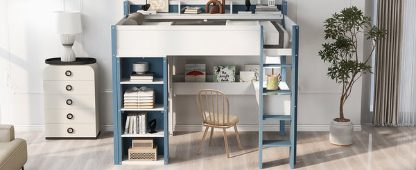 English Elm Full Size Wood Loft Bed With Desk, Storage Shelves & Clothes Rails - Modern Space-Saving Design N7090005007C
