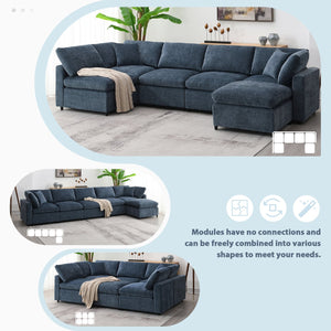 English Elm [new Sku] Chenille Modular Sectional Sleeper Sofa with Ottoman Six Seat U Shape Living Room Dark Blue N723S8583K